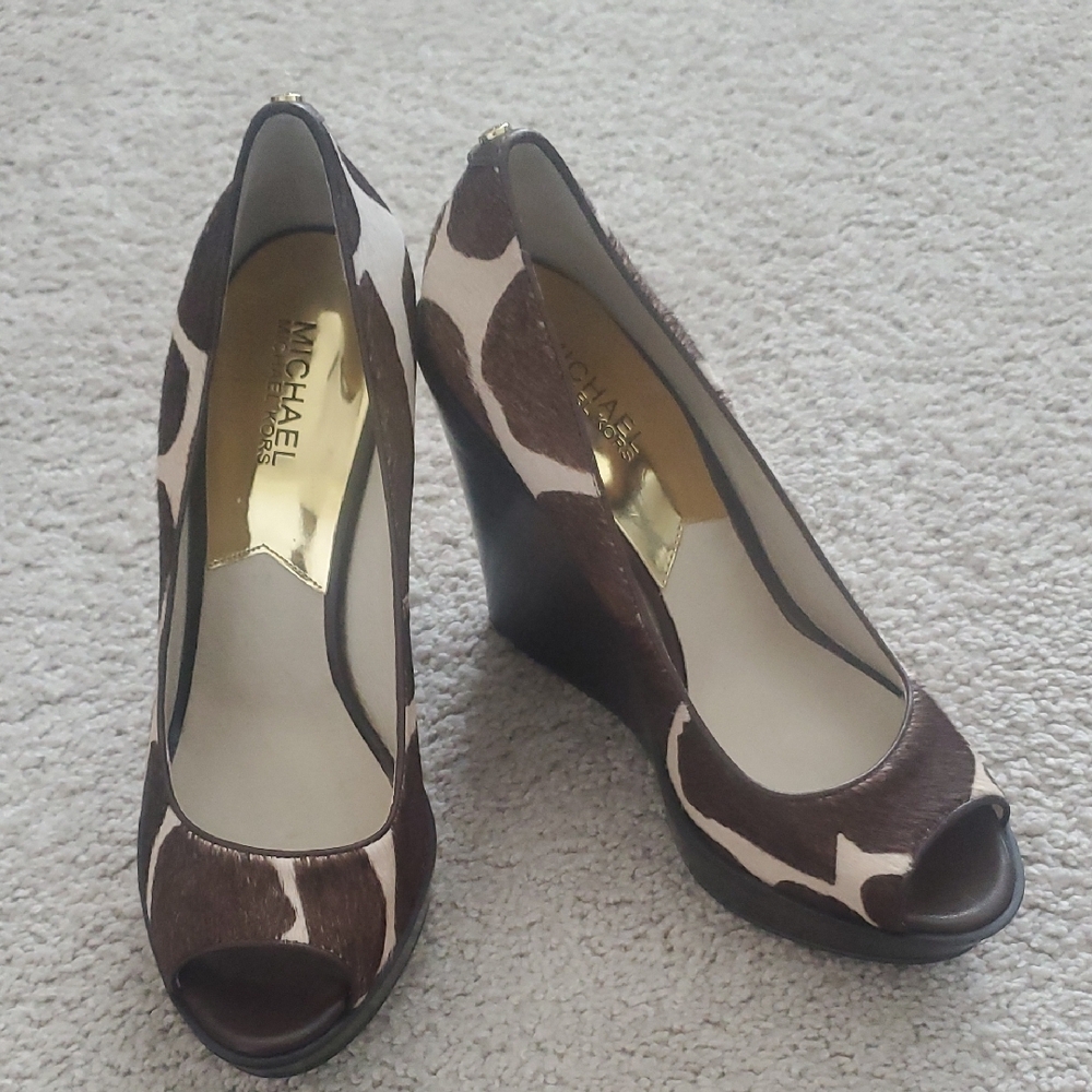 Michael Kors Brown and White Wedge Peep-Toe Heels